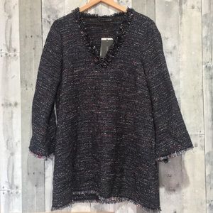 Zara Black V-Neck Black Bell Sleeve Frayed Sweater
